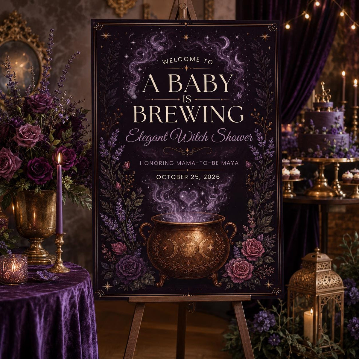 Purple Elegant Baby Shower Welcome Sign — print-ready baby shower design from VoltBy