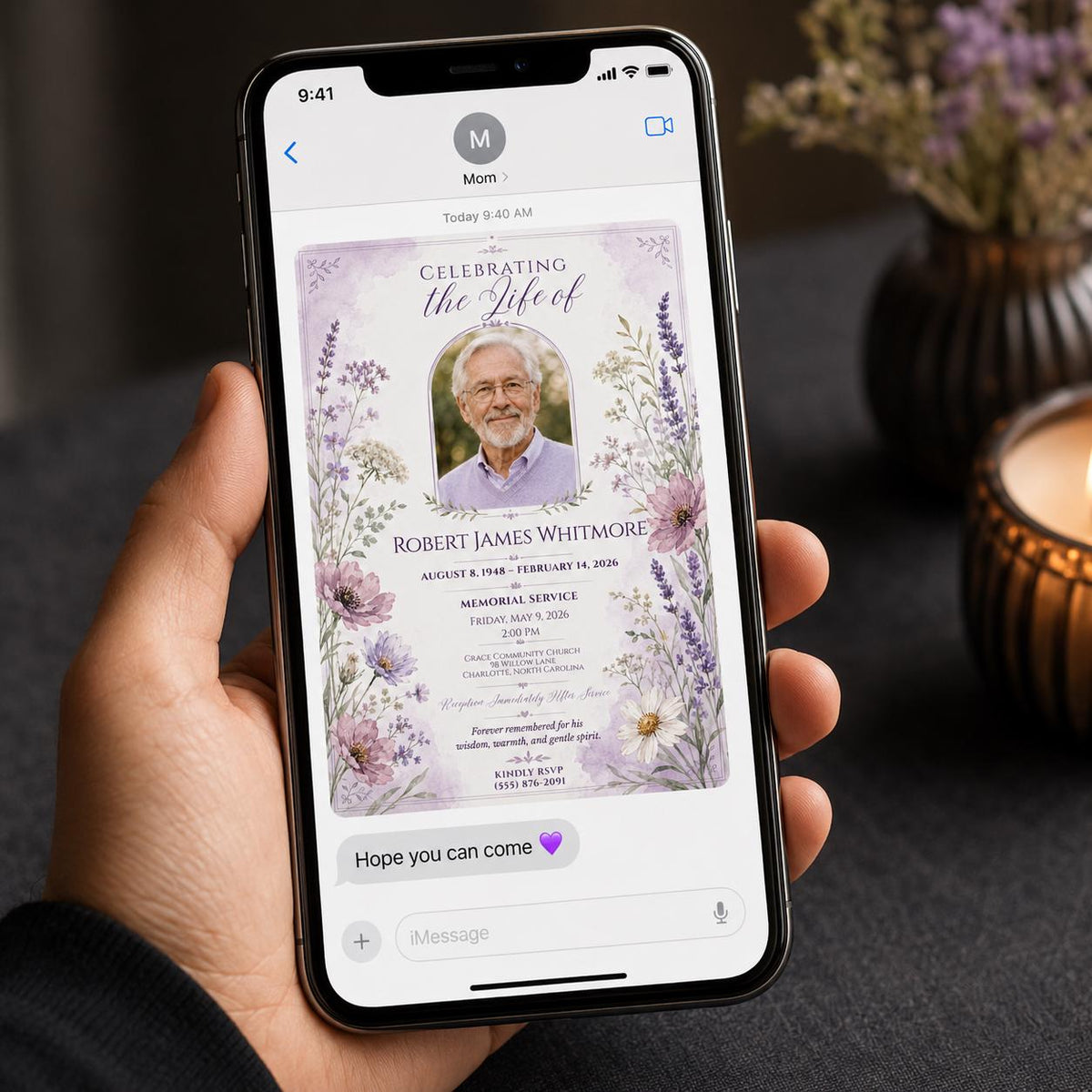 Purple Elegant Funeral Invitation — digital invitation, instant download