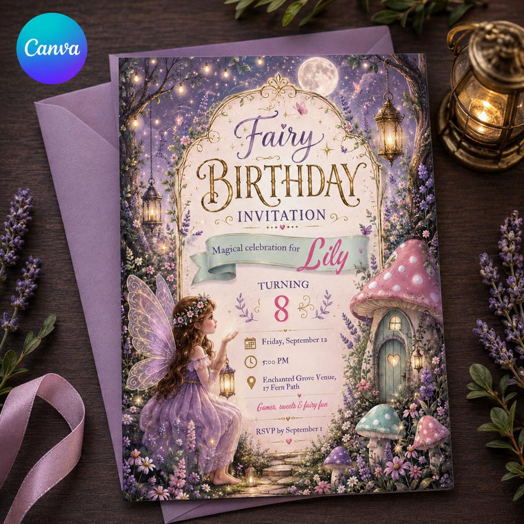 Purple Fairy 8th Birthday Invitation for Girls