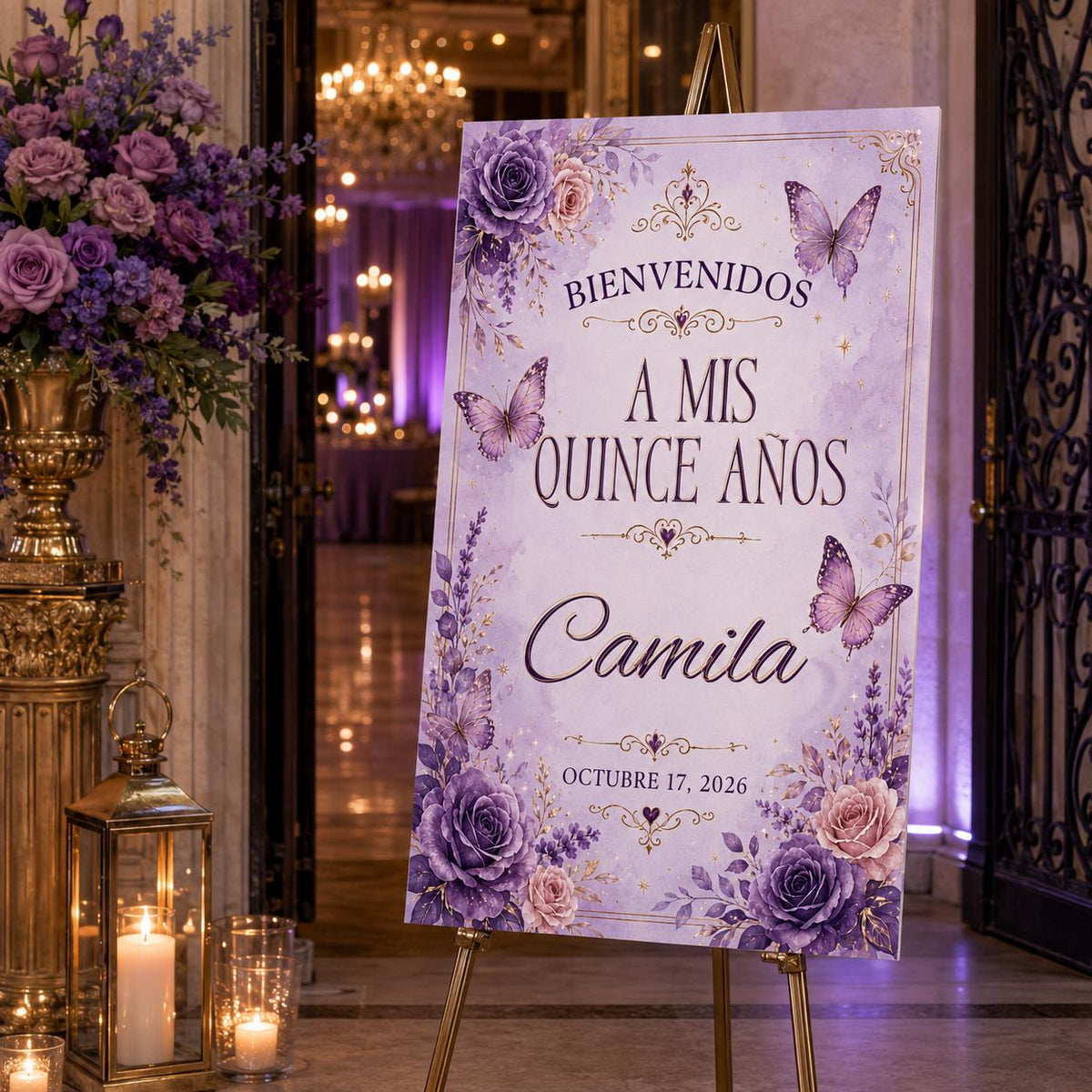 Purple Floral Quinceañera Welcome Sign — digital welcome sign, instant download