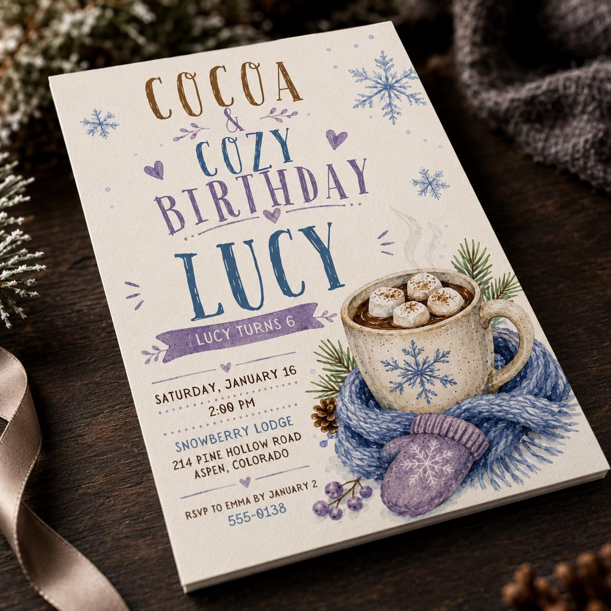 Purple Hot Cocoa 6th Birthday Invitation — 6th birthday party stationery by VoltBy