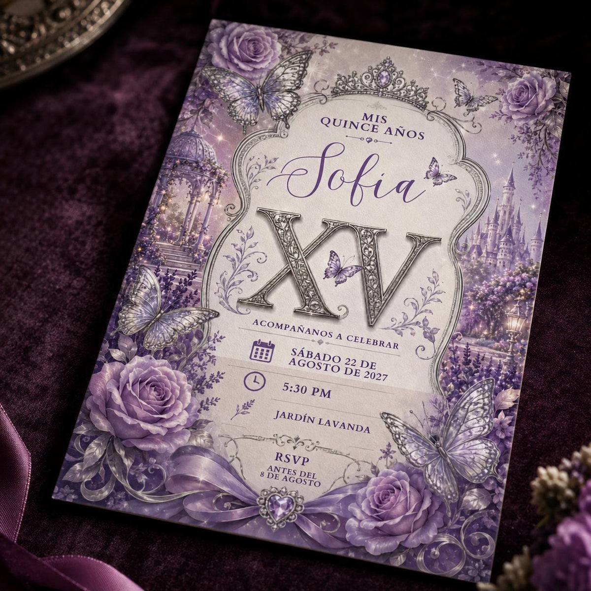 Purple Lavender Quinceanera Invitation — print-ready quinceañera design from VoltBy
