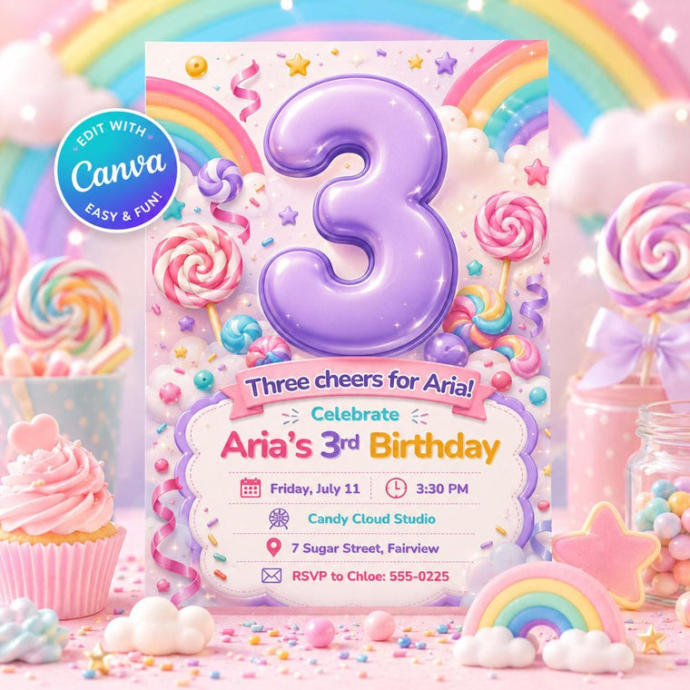 Purple Number Three Candy Birthday Invitation