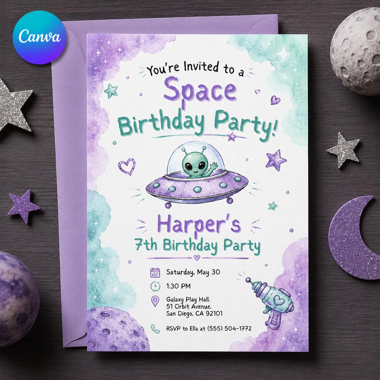 Purple Pastel Space 7th Birthday Invitation for Girls