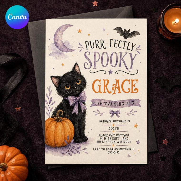 Purple Watercolor Black Cat Halloween 6th Birthday Invitation
