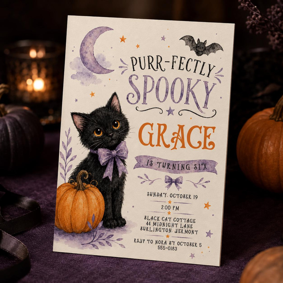 Purple Watercolor Black Cat Halloween 6th Birthday Invitation — digital invitation, instant download