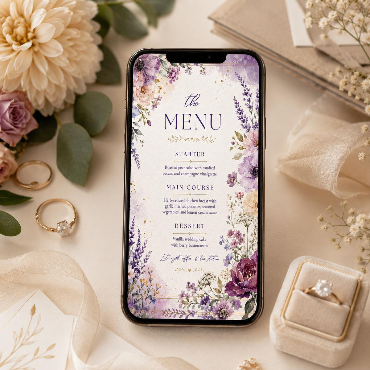 Purple Watercolor Floral Wedding Dinner Menu — garden artwork in cream and green