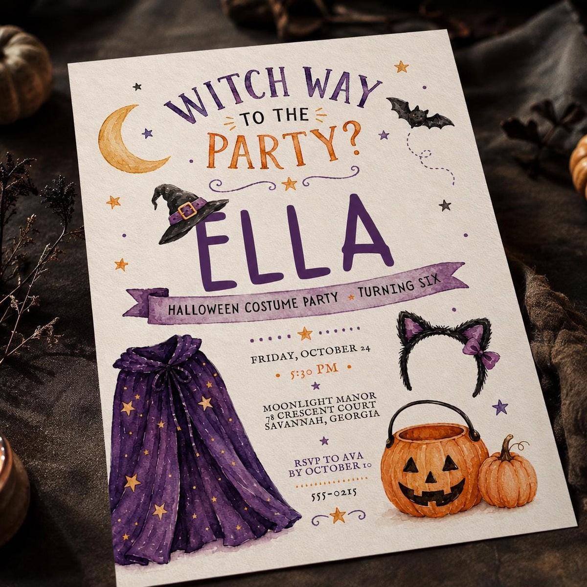 Purple Watercolor Halloween Birthday Invitation for 6th Birthday — digital invitation, instant download