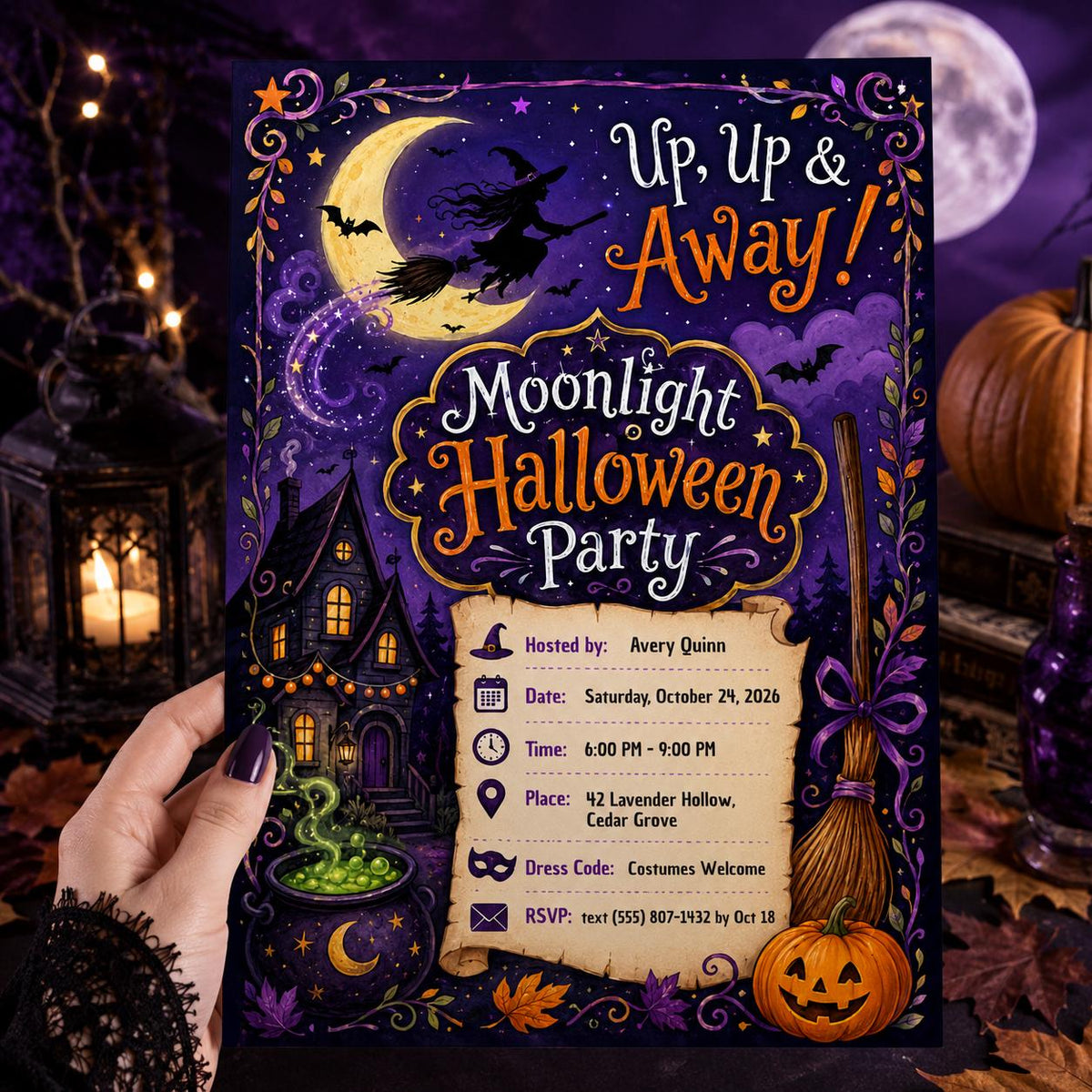 Purple Watercolor Halloween Party Invitation — digital invitation, instant download