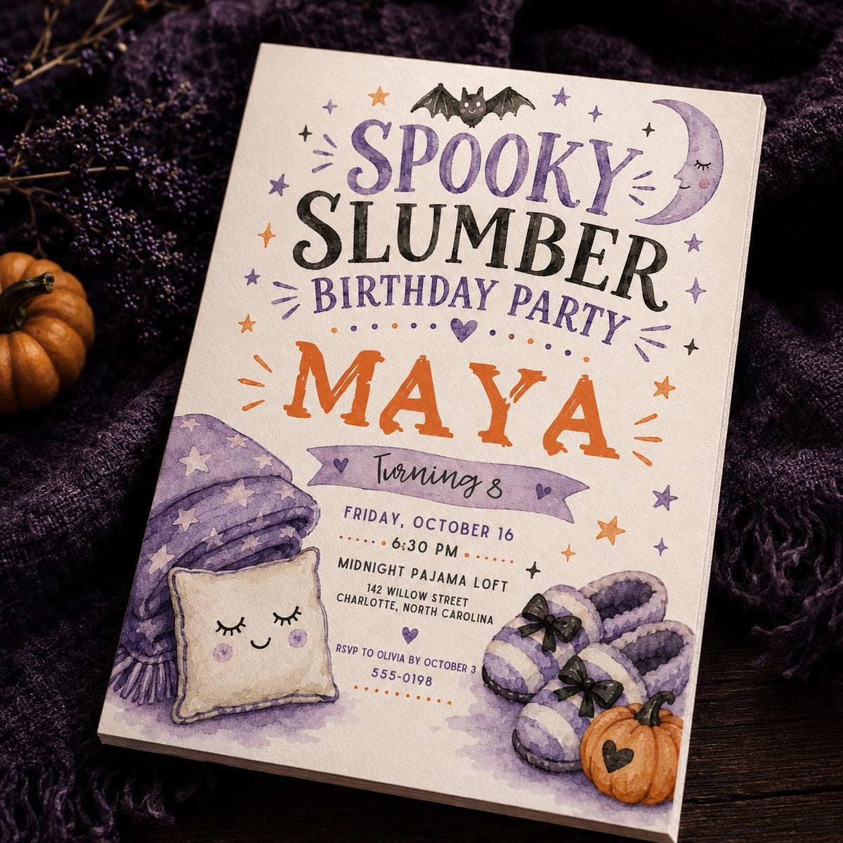 Purple Watercolor Spooky Slumber Party Invitation — digital invitation, instant download