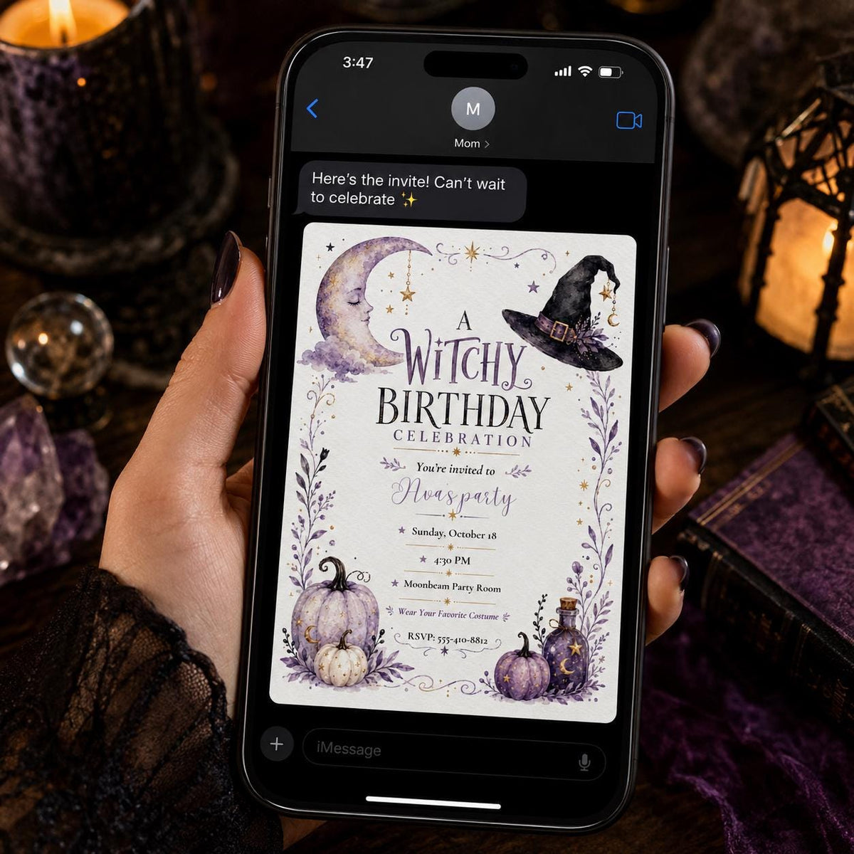 Purple Watercolor Witchy Birthday Invitation — print-ready birthday party design from VoltBy