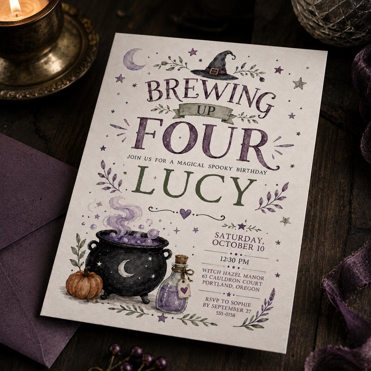 Purple Witch 4th Birthday Invitation for Girls — digital invitation, instant download