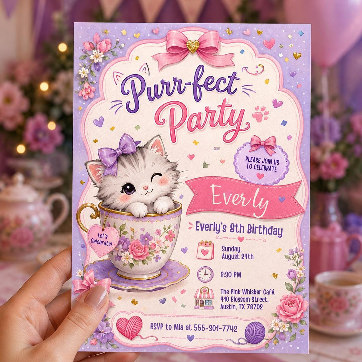 Purrfect Kitten Teacup 8th Birthday Invitation — cat artwork in lavender and pink