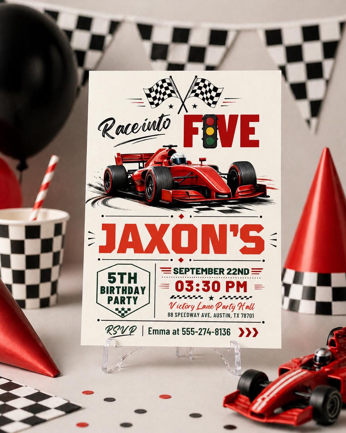 Race Car 5th Birthday Invitation — 5th birthday party stationery by VoltBy