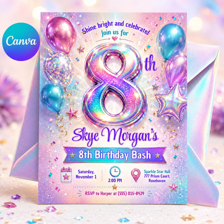 Rainbow Glitter Holographic 8th Birthday Invitation for Girls