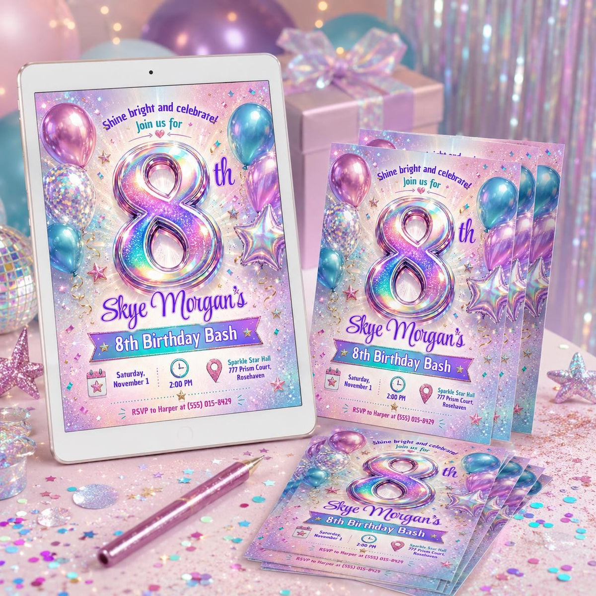 Rainbow Glitter Holographic 8th Birthday Invitation for Girls — digital invitation, instant download
