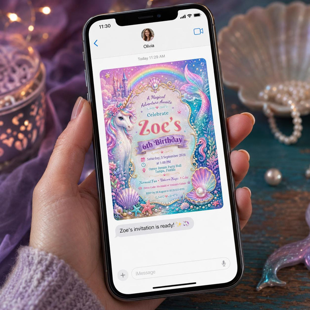Rainbow Mermaid Unicorn 6th Birthday Invitation for Girls — digital invitation, instant download