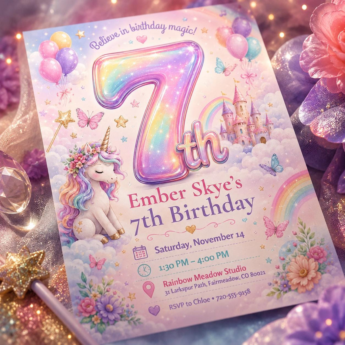 Rainbow Number Seven Unicorn Birthday Invitation — balloon and castle artwork in blue and pink