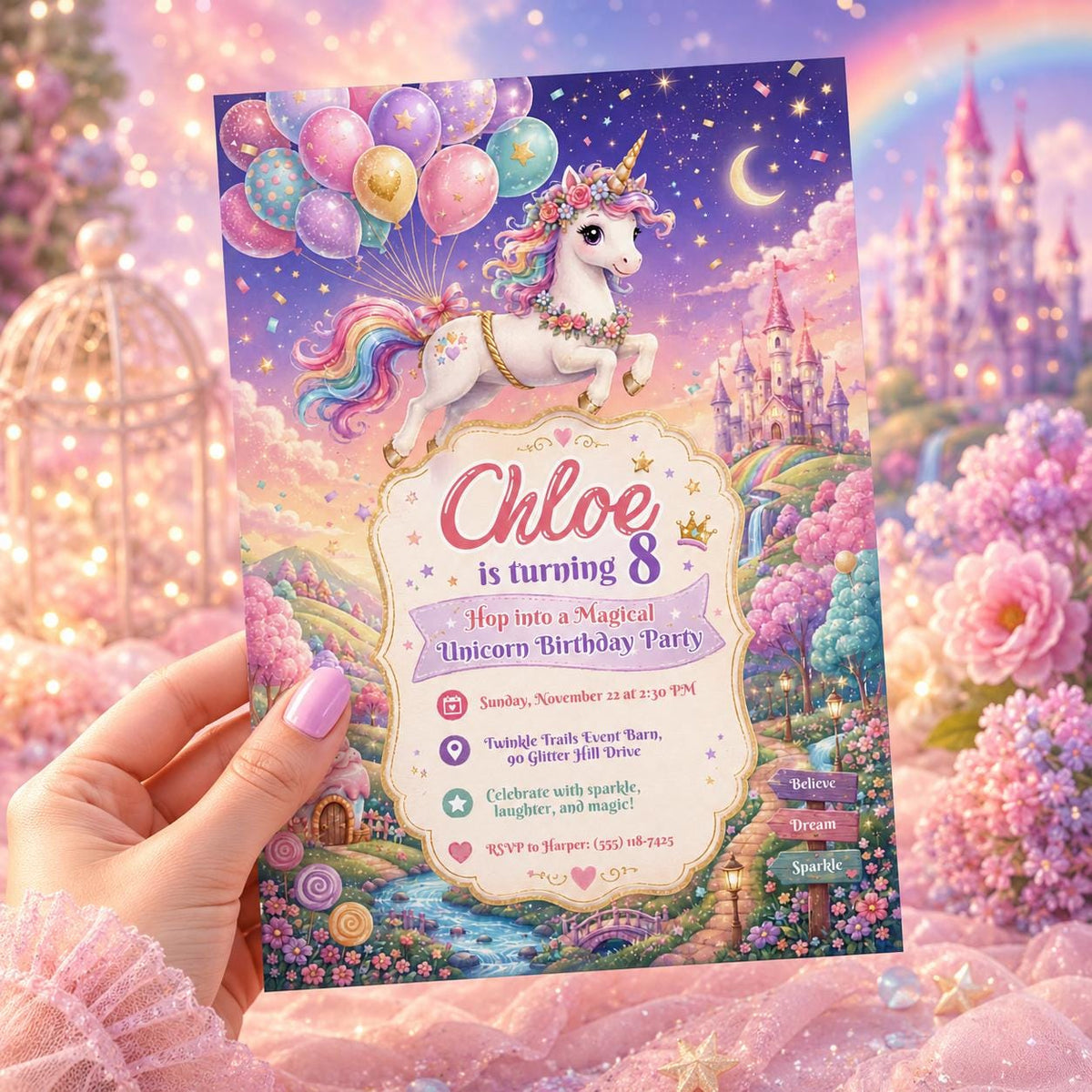 Rainbow Pastel Magical Unicorn 8th Birthday Invitation for Girls — print-ready 8th birthday party design from VoltBy