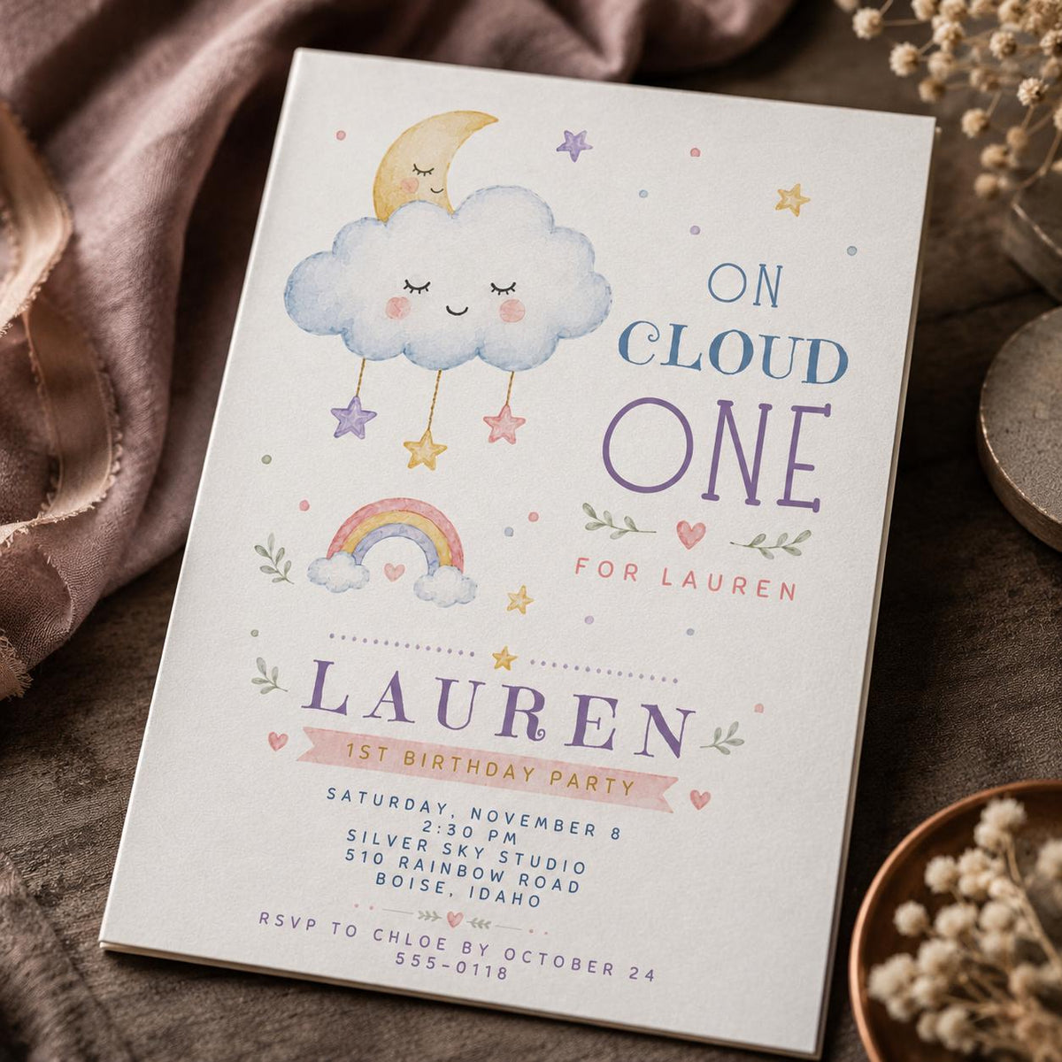 Rainbow Pastel On Cloud One 1st Birthday Invitation — digital invitation, instant download