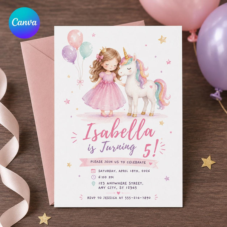 Rainbow Pastel Princess Unicorn 5th Birthday Invitation for Girls