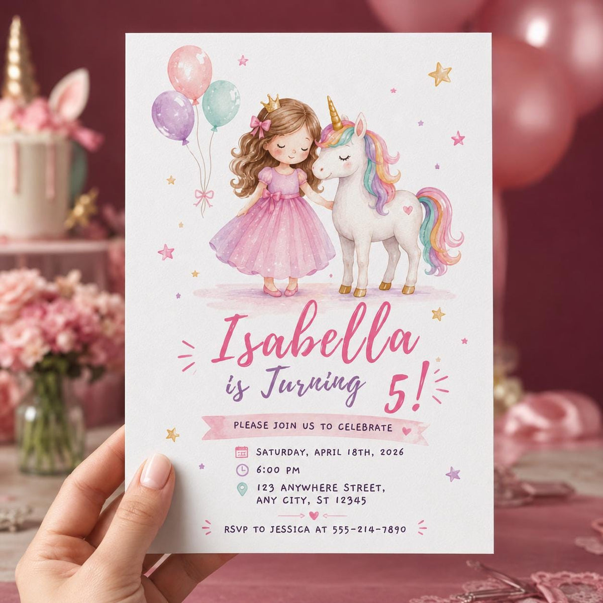 Rainbow Pastel Princess Unicorn 5th Birthday Invitation for Girls — digital invitation, instant download