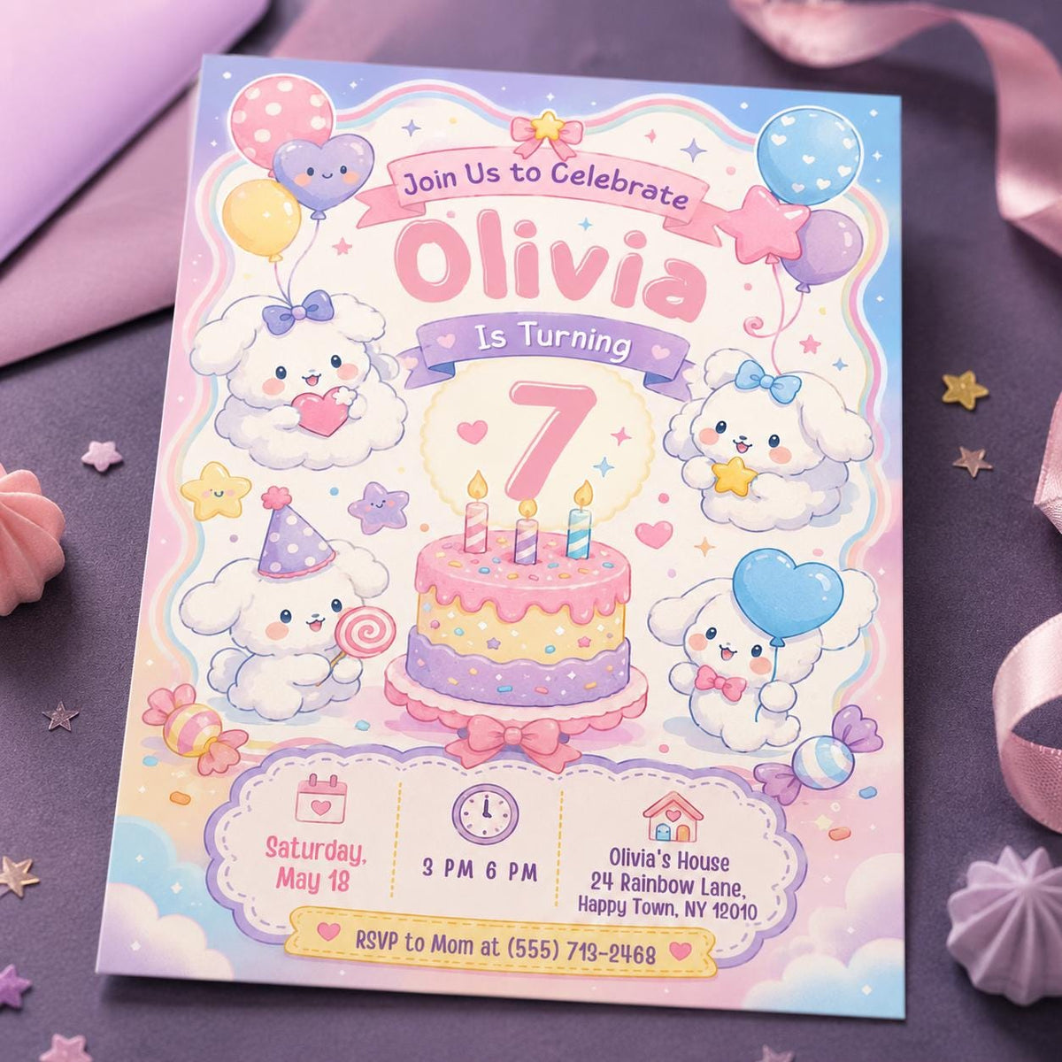 Rainbow Pastel Puppy 7th Birthday Invitation — 7th birthday party stationery by VoltBy