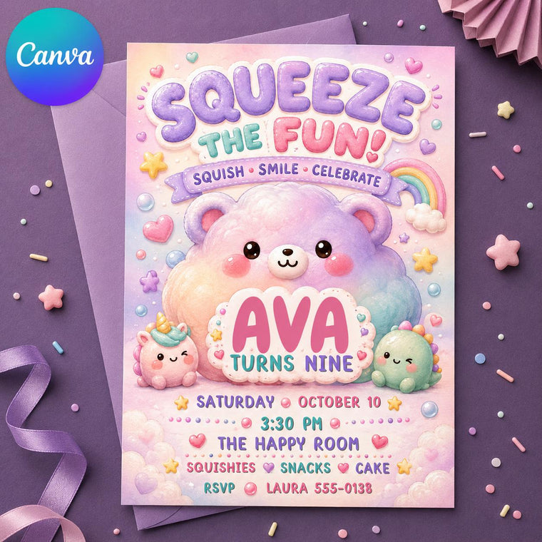 Rainbow Pastel Squishy 9th Birthday Invitation for Girls