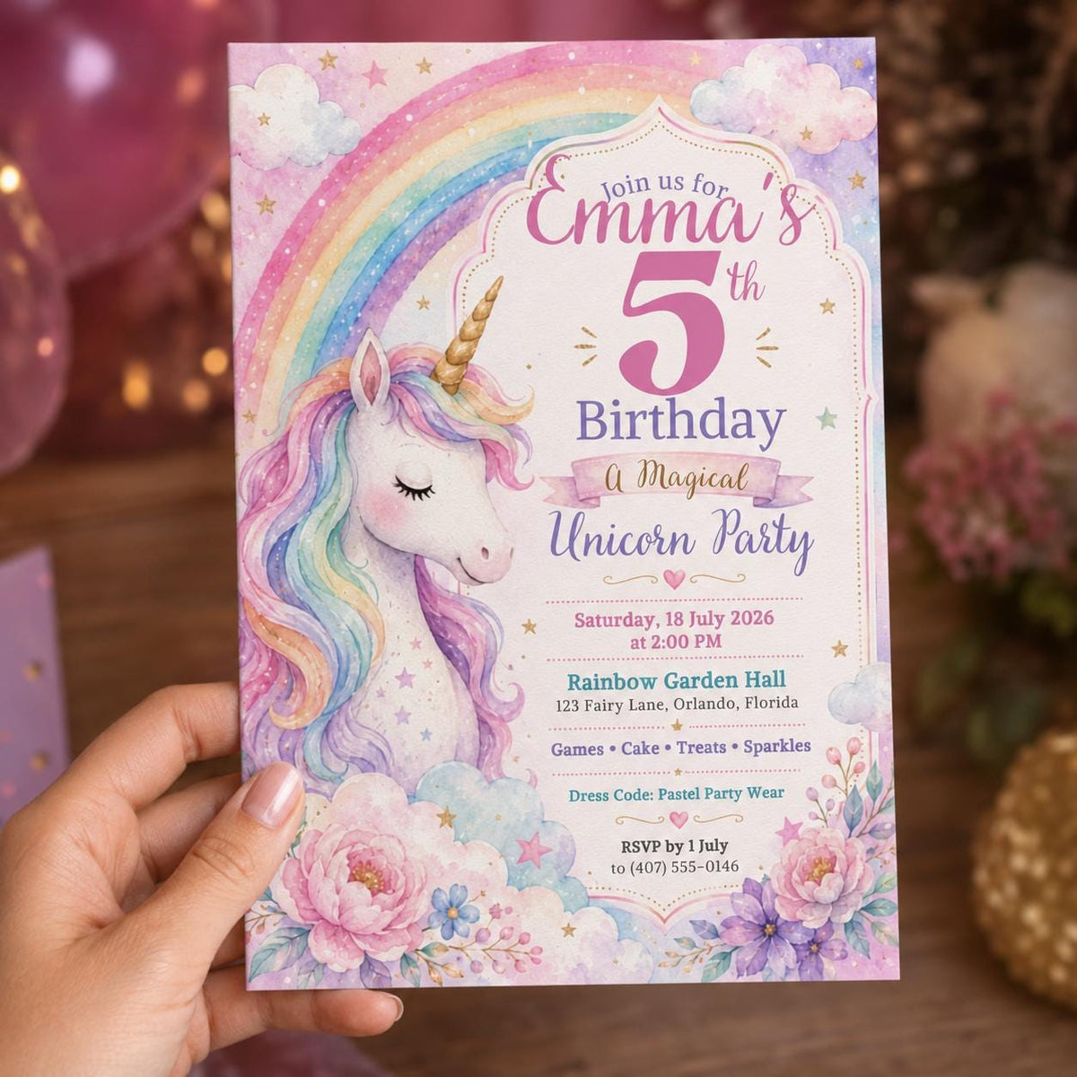 Rainbow Pastel Unicorn 5th Birthday Invitation for Girls — print-ready 5th birthday party design from VoltBy
