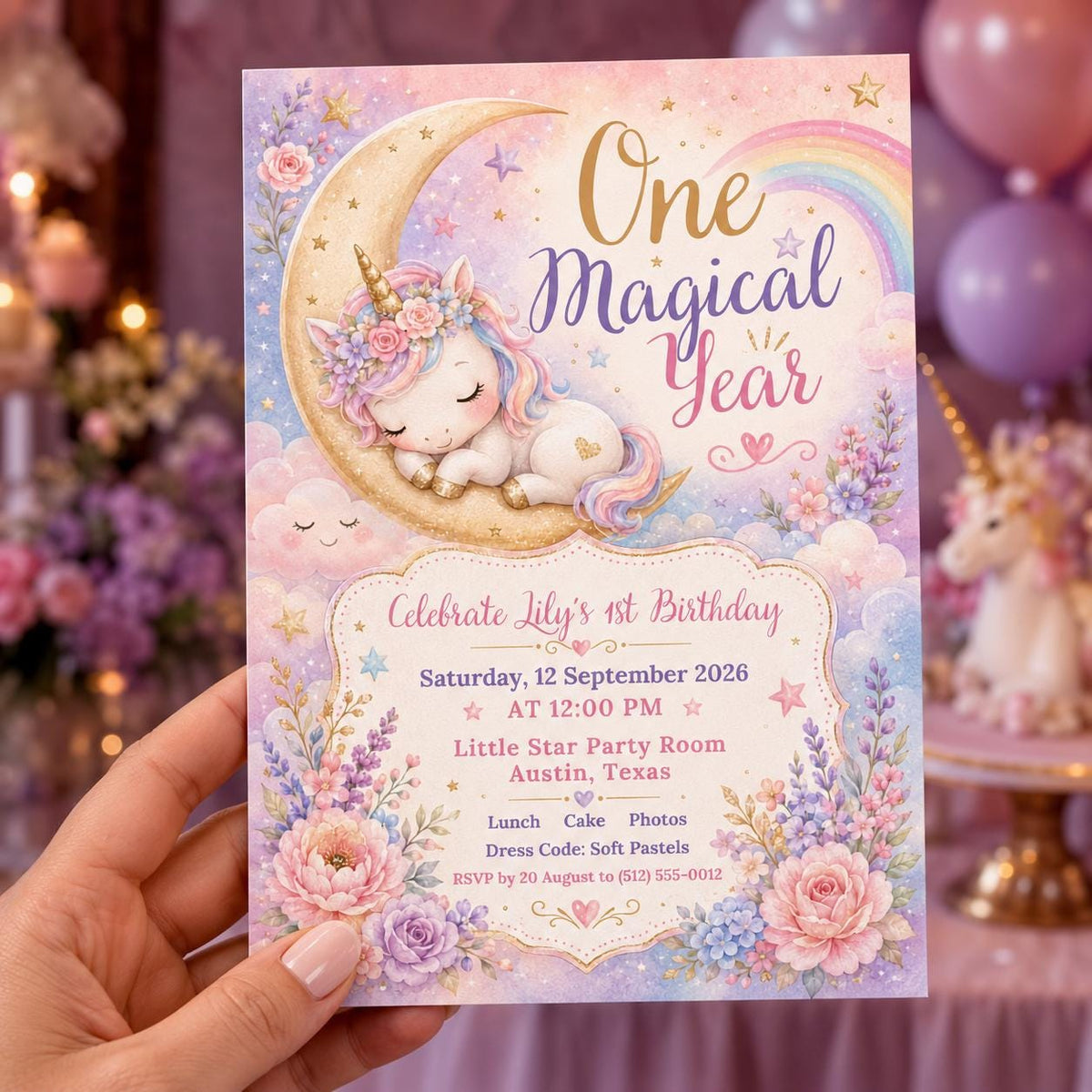 Rainbow Pastel Unicorn First Birthday Invitation for Girls — digital invitation, instant download