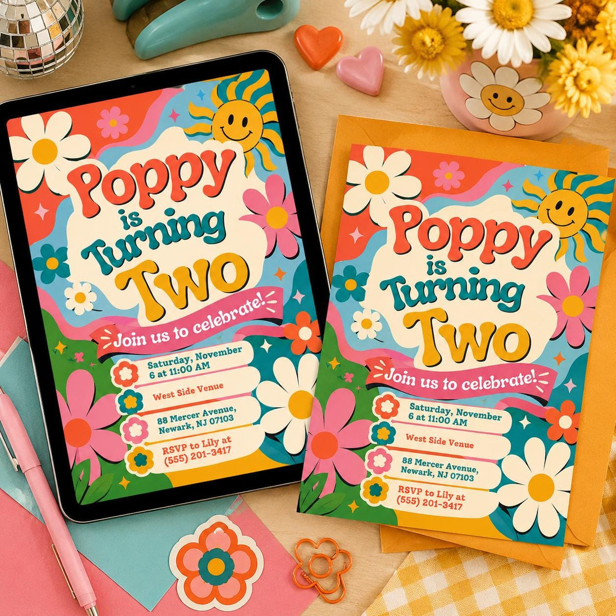 Rainbow Retro Groovy Birthday Invitation — print-ready birthday party design from VoltBy