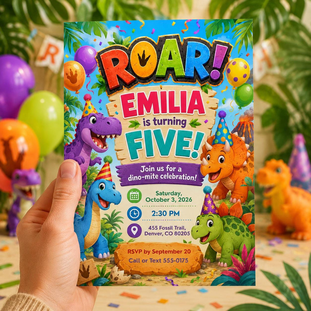 Rainbow Roar Dinosaur 5th Birthday Invitation — balloon artwork in green