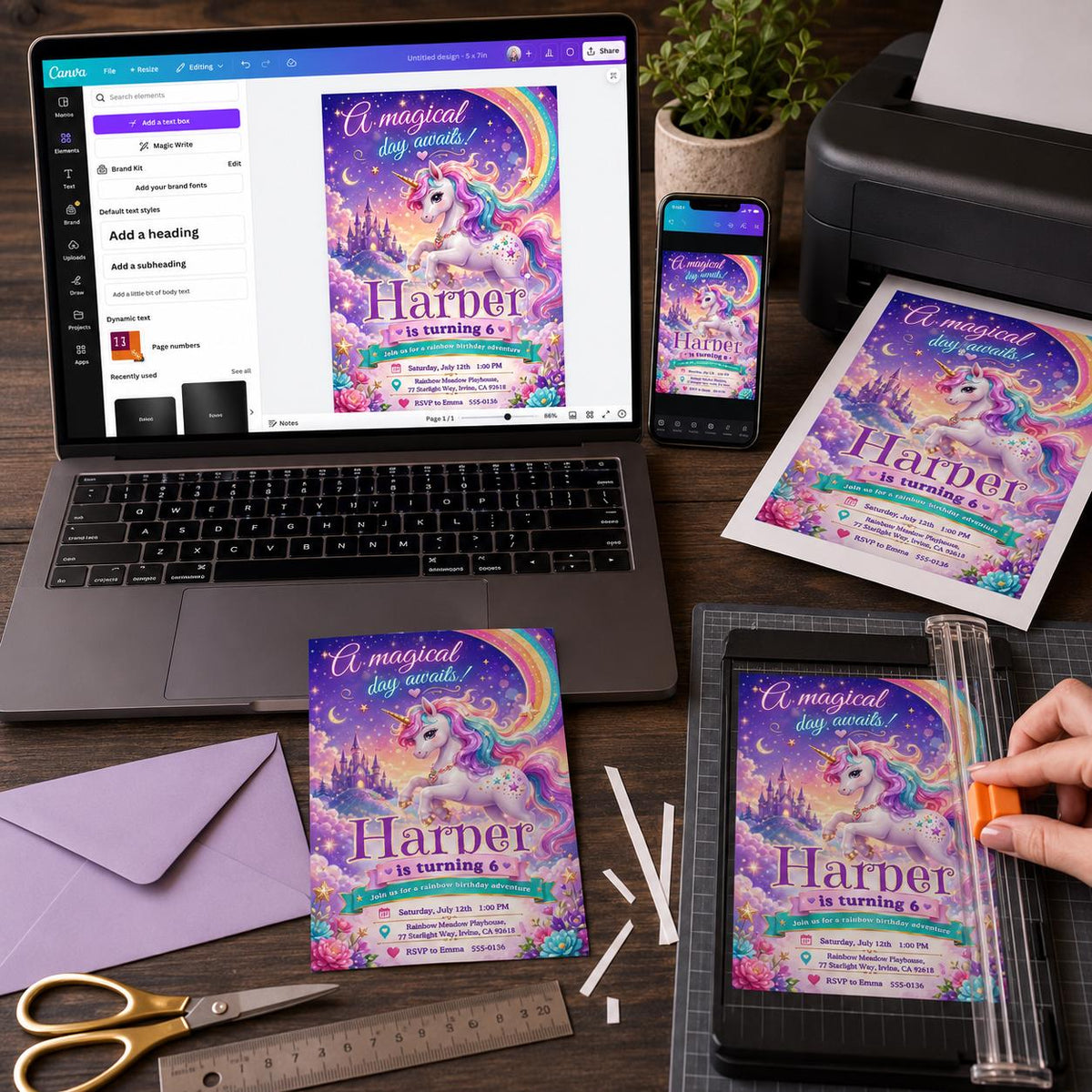 Rainbow Unicorn 6th Birthday Invitation for Girls — digital invitation, instant download