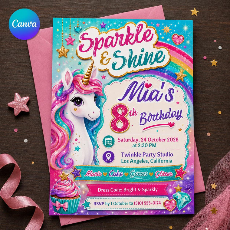Rainbow Unicorn 8th Birthday Invitation for Girls