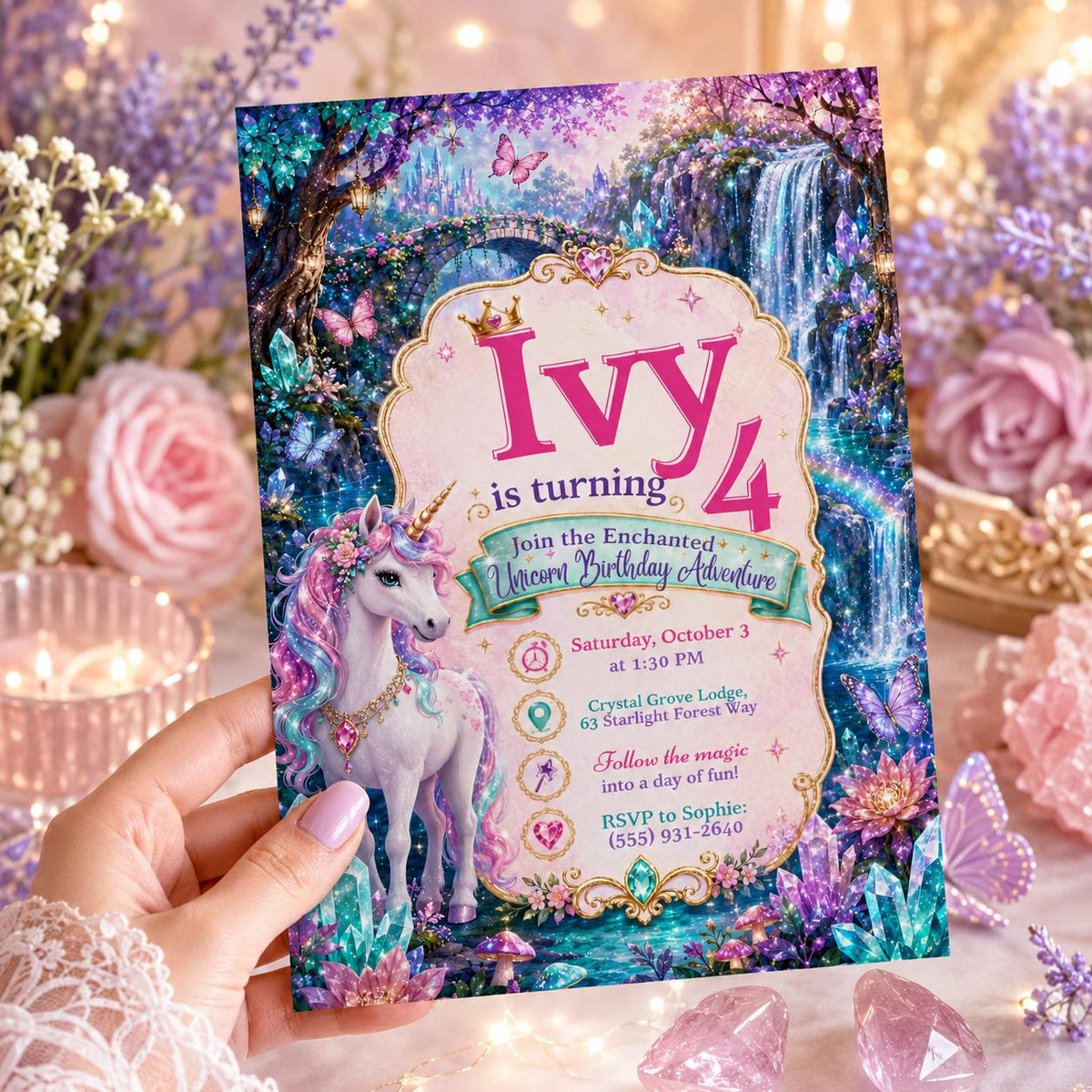 Rainbow Unicorn Birthday Invitation for Girls — digital invitation, instant download