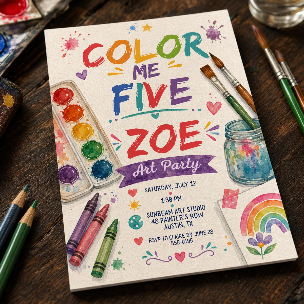 Rainbow Watercolor 5th Birthday Art Party Invitation — 5th birthday party stationery by VoltBy