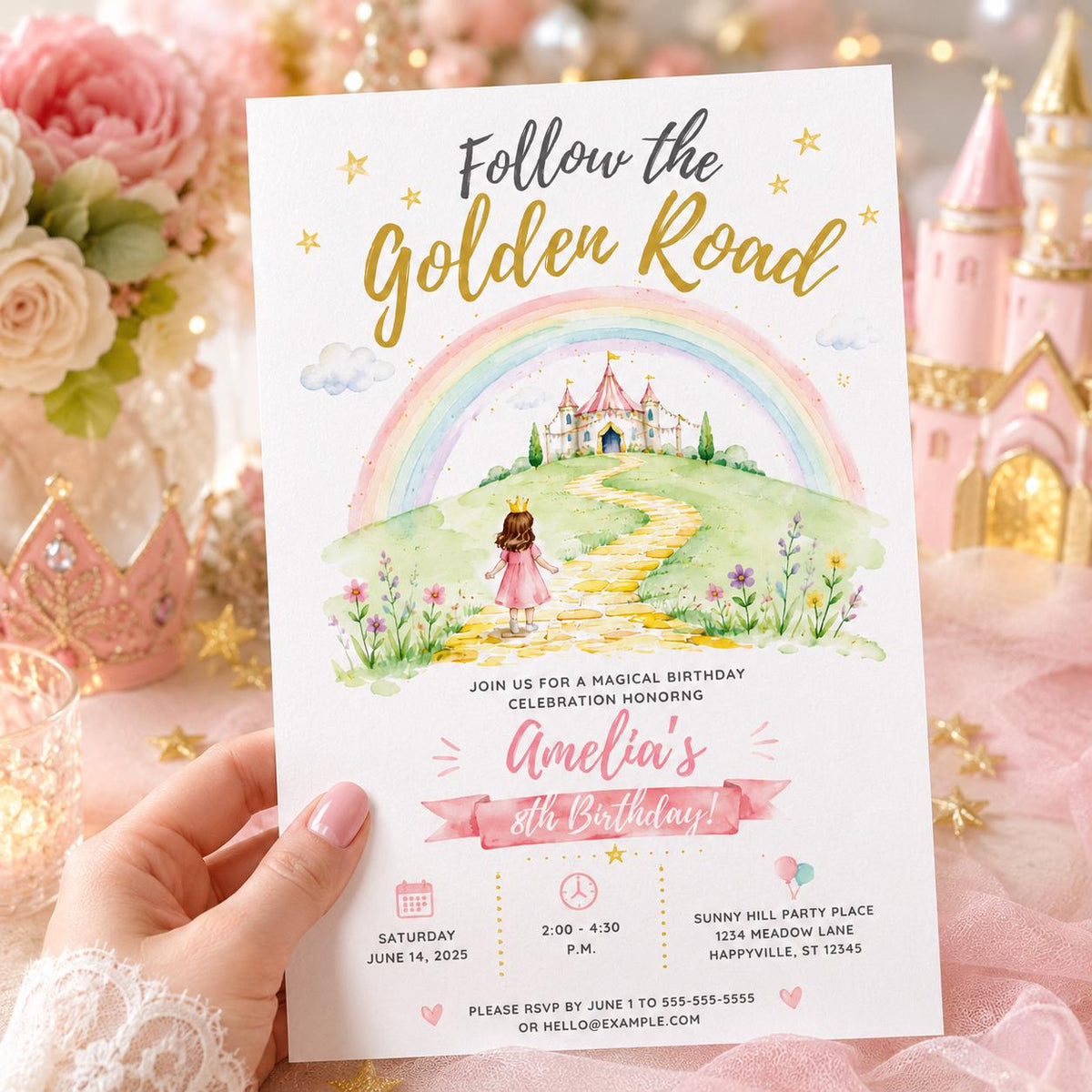Rainbow Watercolor Princess 8th Birthday Invitation for Girls — digital invitation, instant download