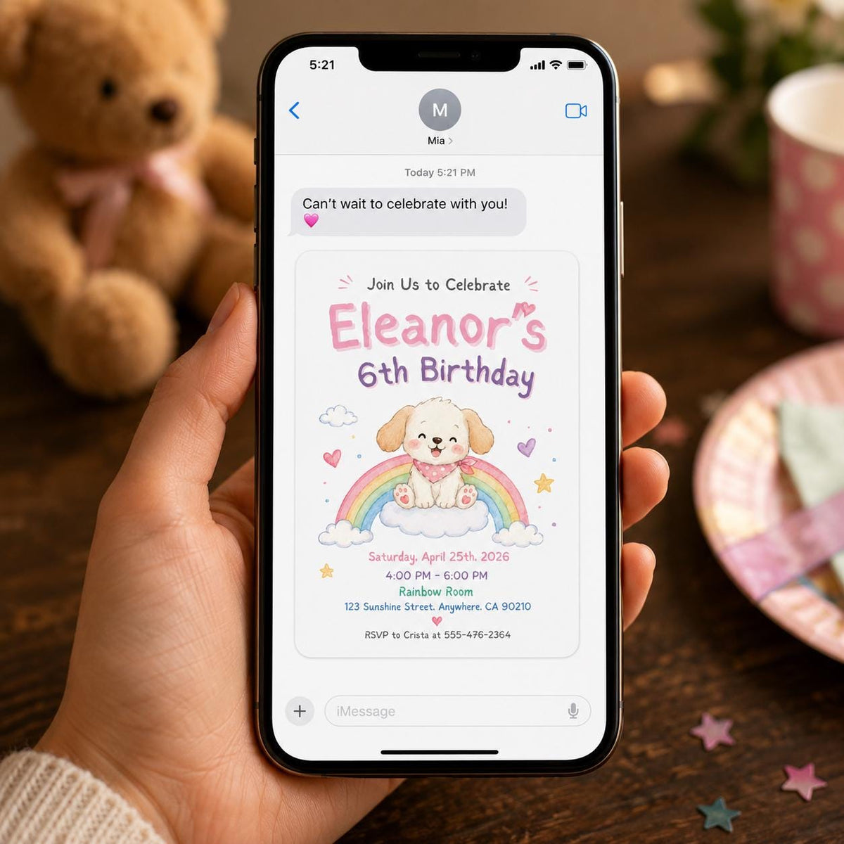 Rainbow Watercolor Puppy 6th Birthday Invitation for Girls — digital invitation, instant download