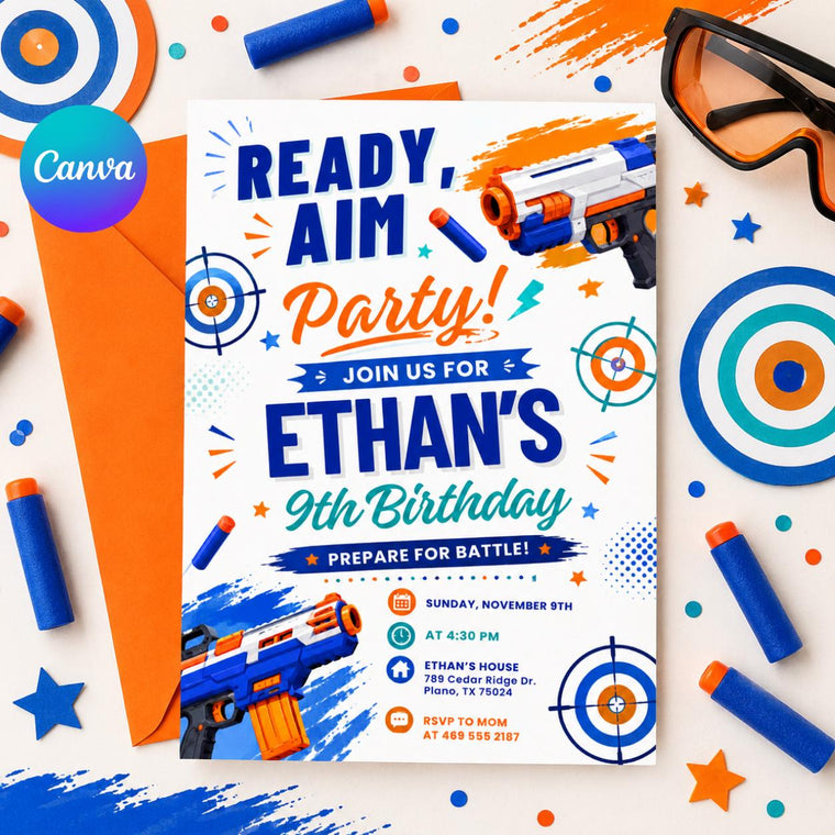 Ready, Aim, Party Foam Dart 9th Birthday Invitation