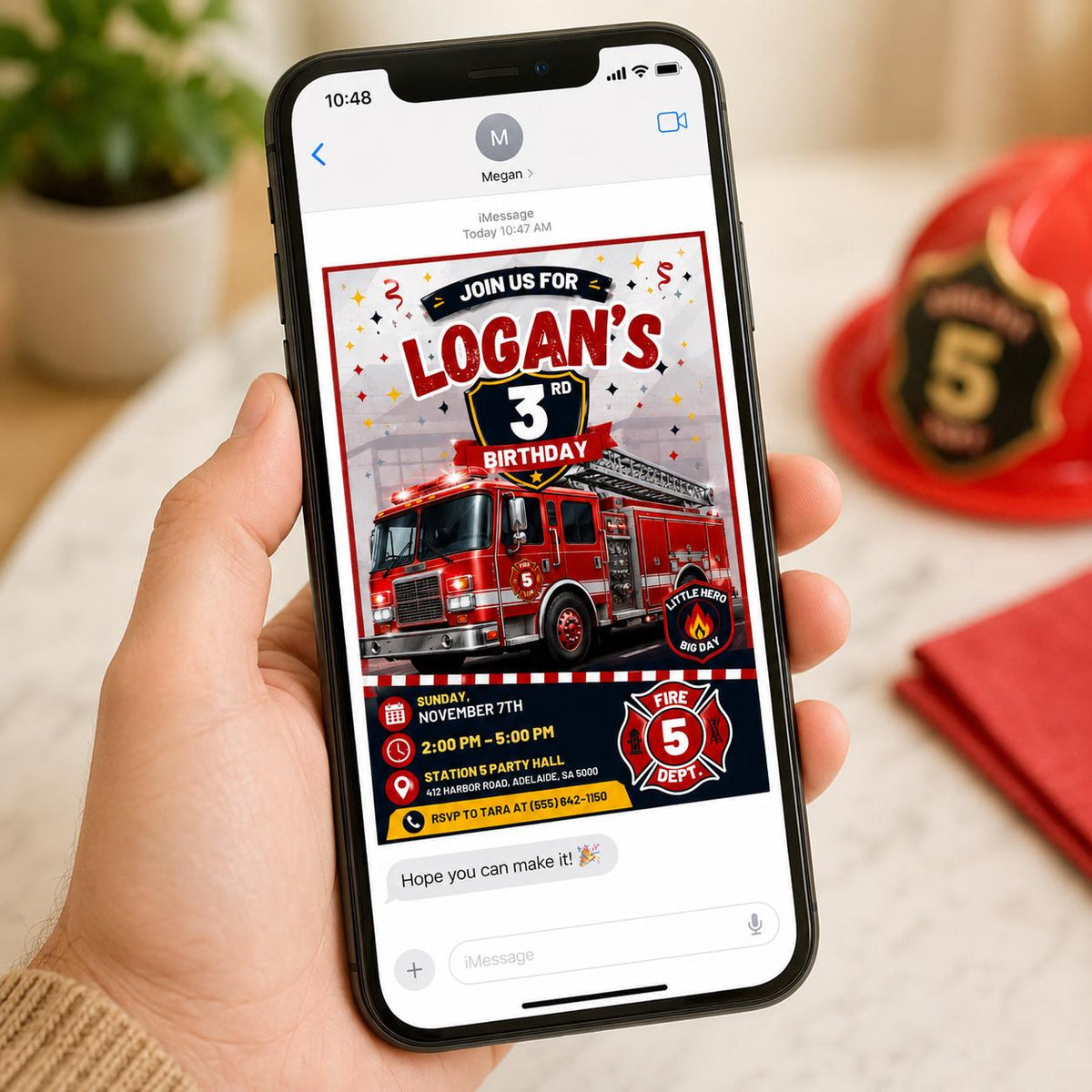 Realistic Red Ladder Truck 3rd Birthday Invitation — digital invitation, instant download
