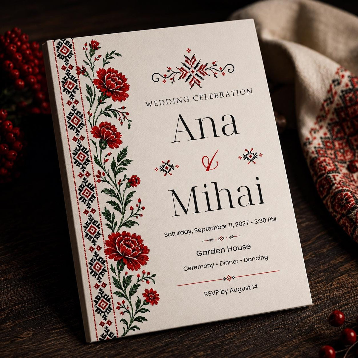 Red and Black Romanian Wedding Invitation — print-ready wedding design from VoltBy