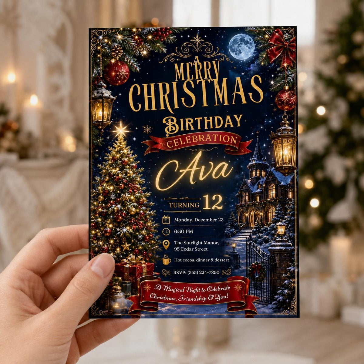 Red and Gold Christmas Birthday Invitation for Girls — print-ready birthday party design from VoltBy