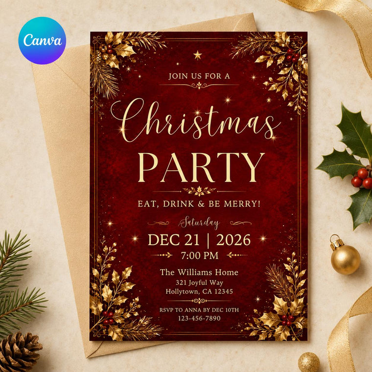Red and Gold Christmas Party Invitation: Elegant Red Gold Holiday Dinner