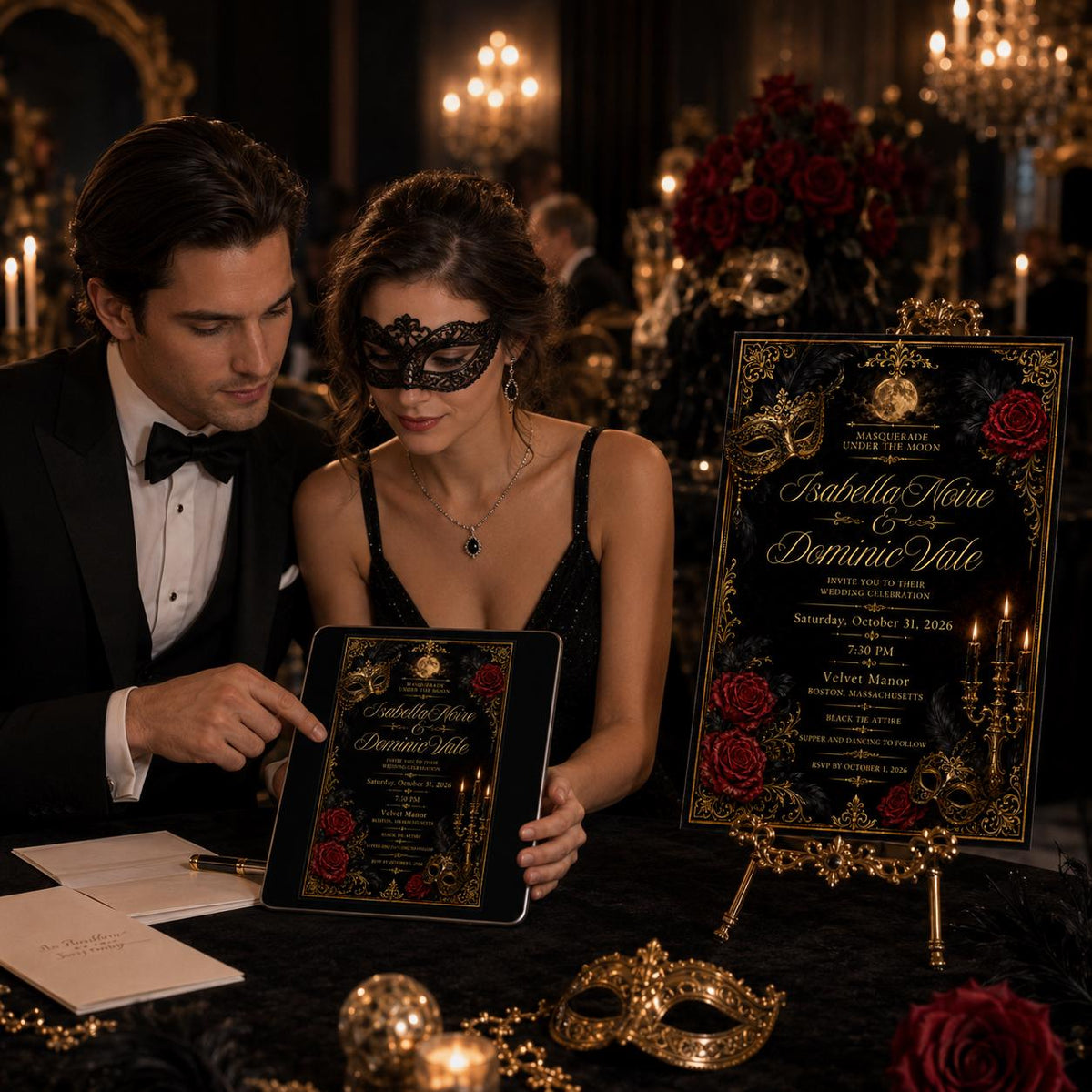 Red and Gold Masquerade Wedding Invitation — elegant wedding design