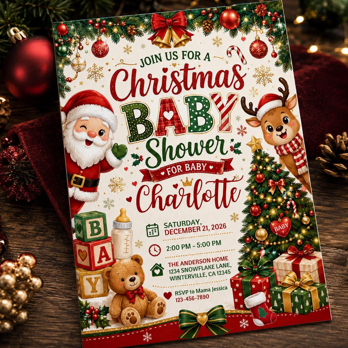 Red and Green Christmas Baby Shower Invitation: Santa Reindeer Holiday Baby — baby shower stationery by VoltBy