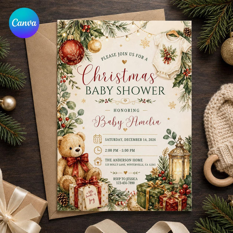 Red and Green Christmas Baby Shower Invitation: Teddy Bear Holiday Shower