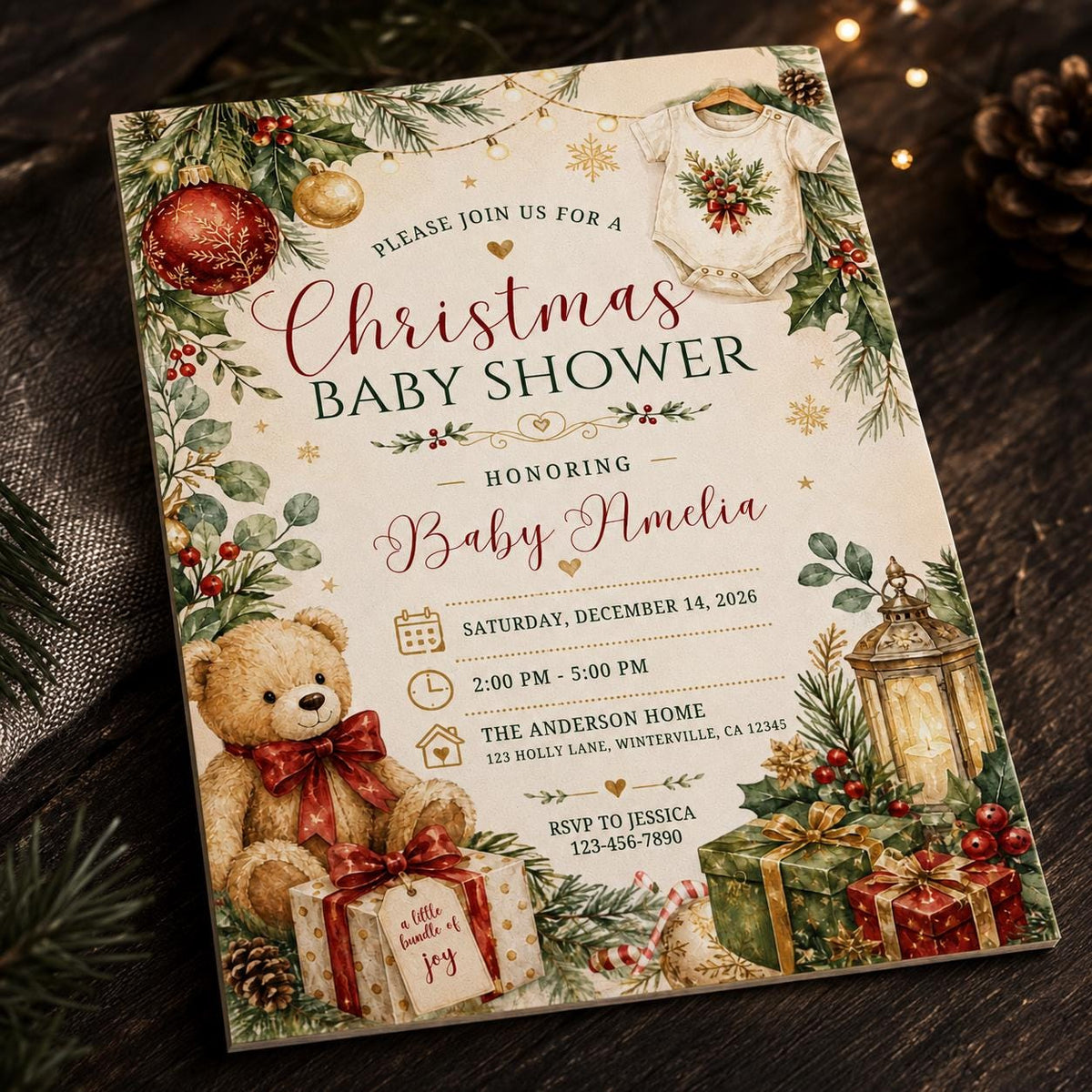 Red and Green Christmas Baby Shower Invitation: Teddy Bear Holiday Shower — digital invitation, instant download