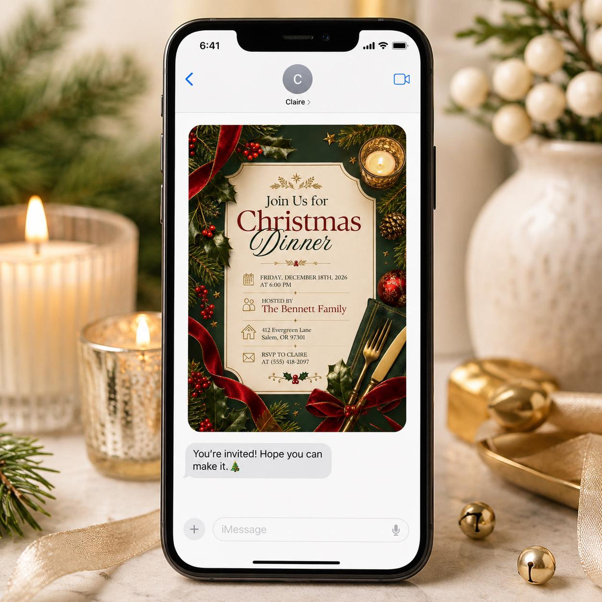 Red and Green Christmas Dinner Invitation — elegant Christmas celebration design