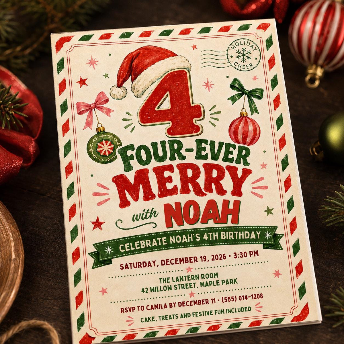 Red and Green Four Ever Merry 4th Birthday Invitation — 4th birthday party stationery by VoltBy