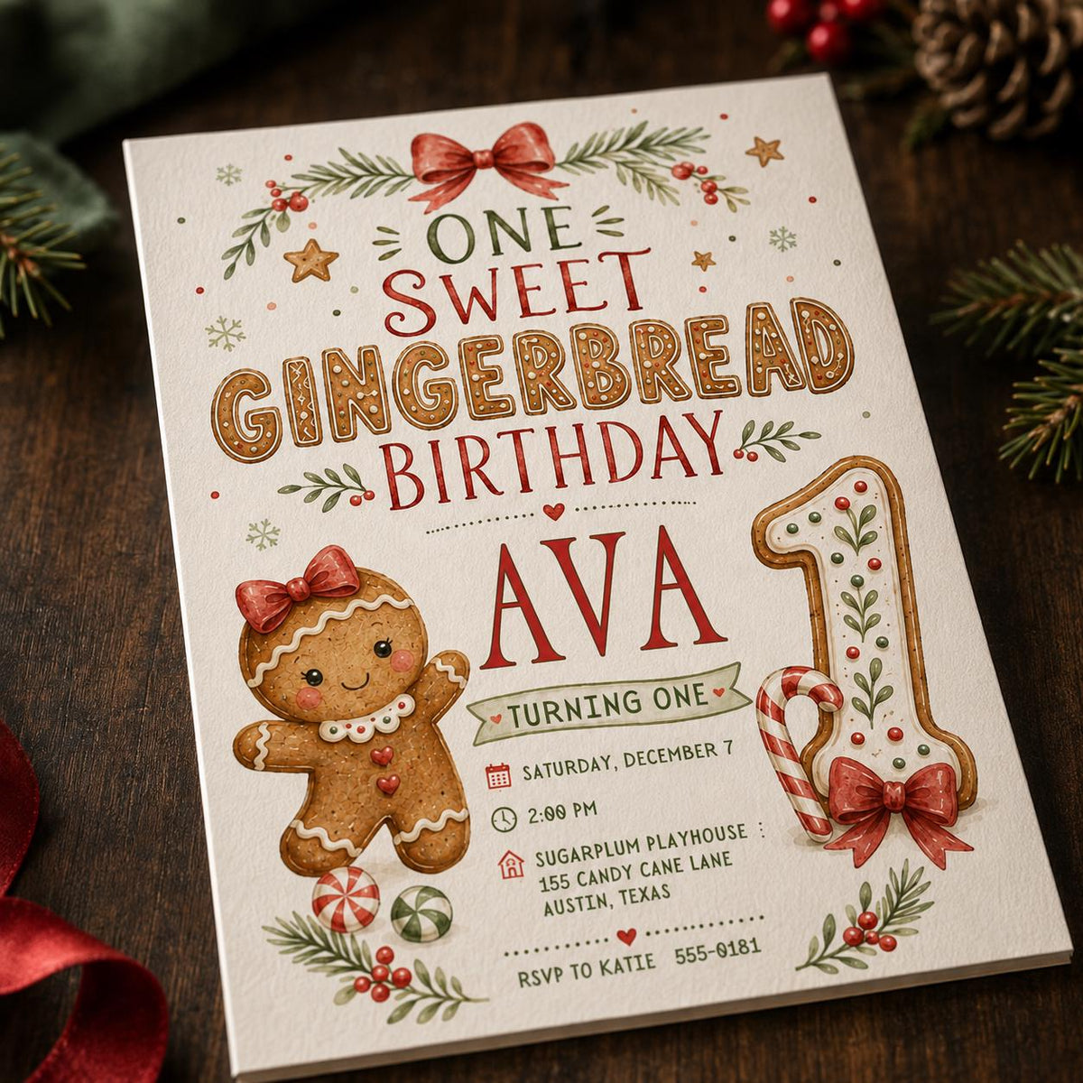 Red and Green Gingerbread First Birthday Invitation for Girls — first birthday stationery by VoltBy